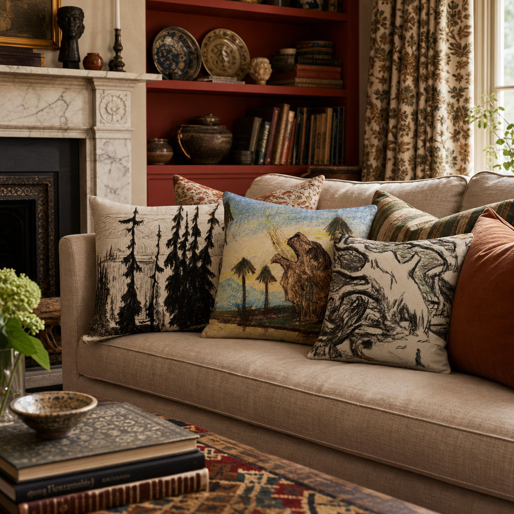 C. F. Hill – Nordic Spruce and waterfall – Premium Pillow Featuring Woodland