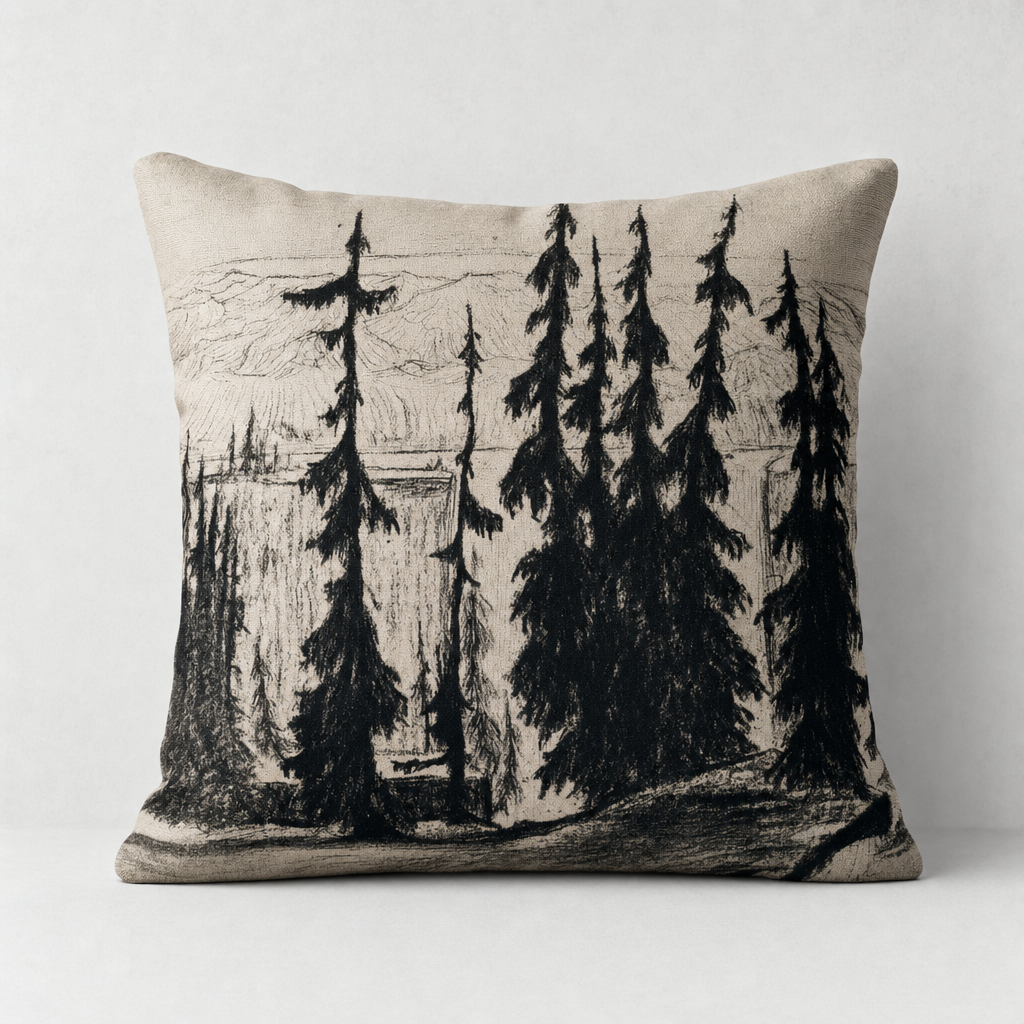 C. F. Hill – Nordic Spruce and waterfall – Premium Pillow Featuring Woodland